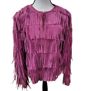 Vintage Prosper & Devine Women's L Magenta Leather All Over Fringe Coat Jacket
